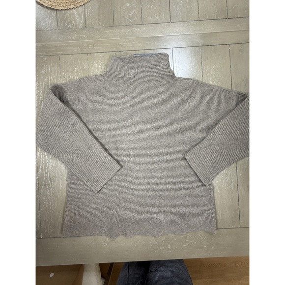 Vince Sweater Womens Large Oatmeal Wool Cashmere Mock Neck Ribbed Knit Classic - Picture 2 of 8